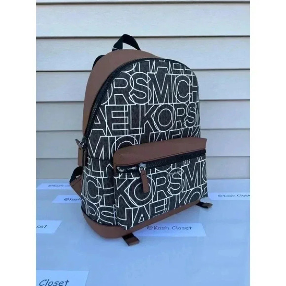 Michael Kors MK Cooper Graphic Logo Backpack- Brown/Black